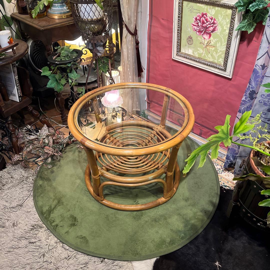 Sale ヴィンテージ ナチュラル　籐ラタンフレーム サイドテーブル 丸テーブル