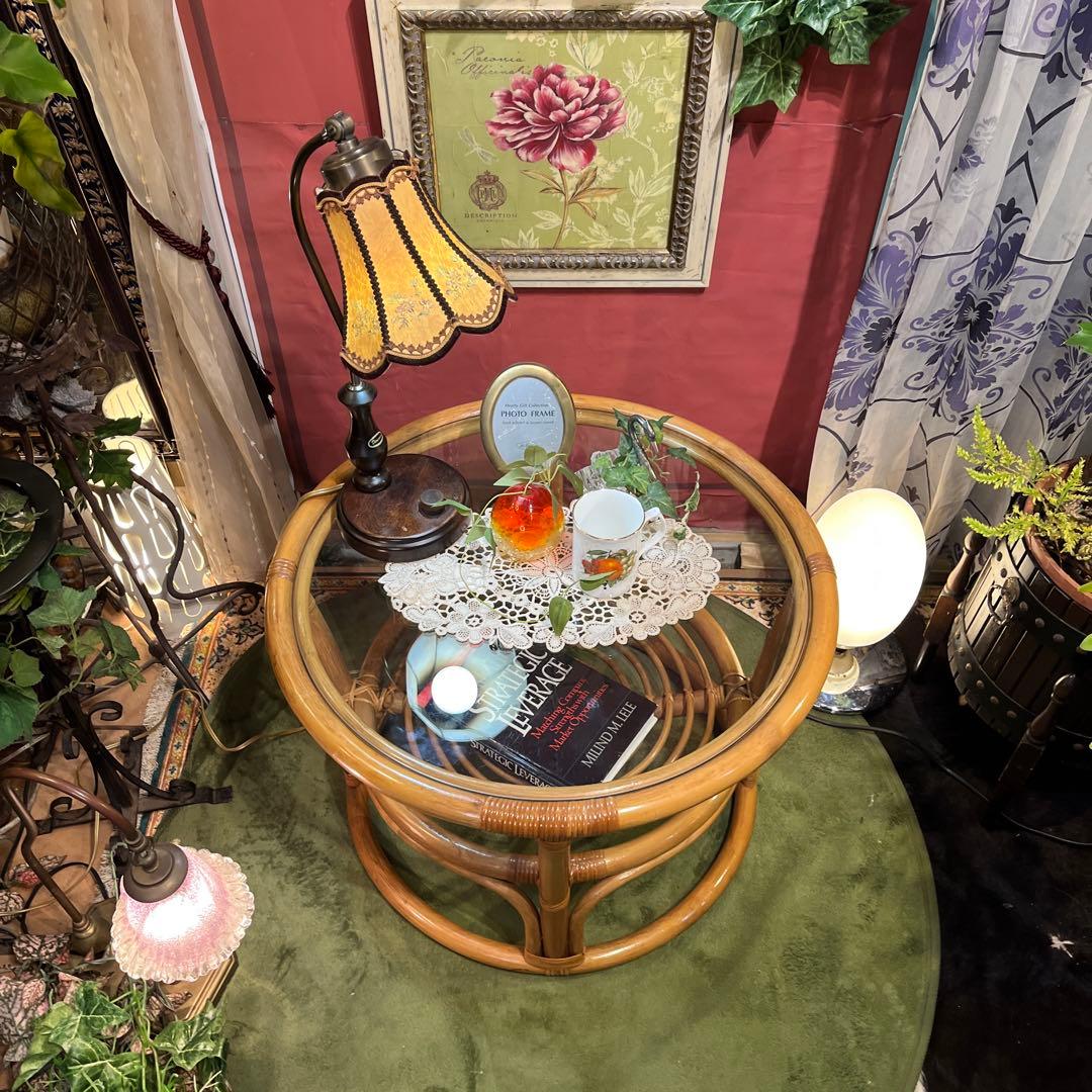 Sale ヴィンテージ ナチュラル　籐ラタンフレーム サイドテーブル 丸テーブル