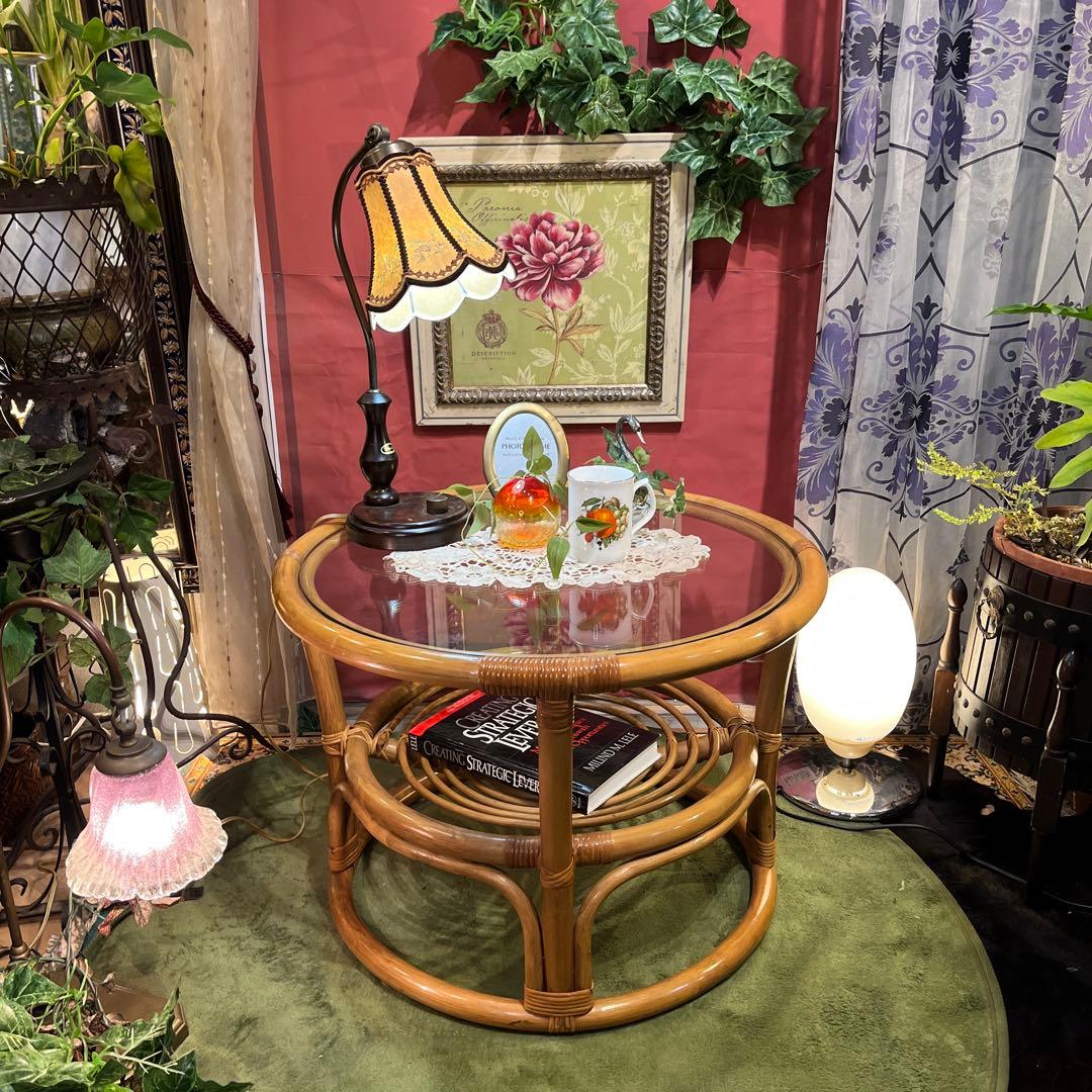 Sale ヴィンテージ ナチュラル　籐ラタンフレーム サイドテーブル 丸テーブル