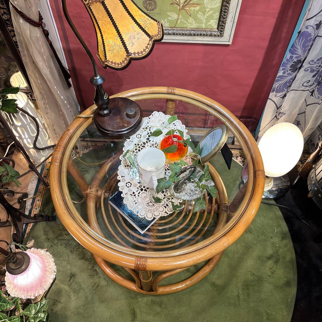 Sale ヴィンテージ ナチュラル　籐ラタンフレーム サイドテーブル 丸テーブル