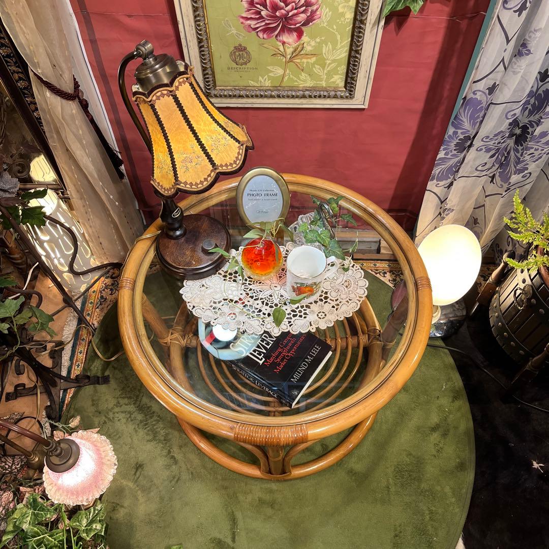 Sale ヴィンテージ ナチュラル　籐ラタンフレーム サイドテーブル 丸テーブル