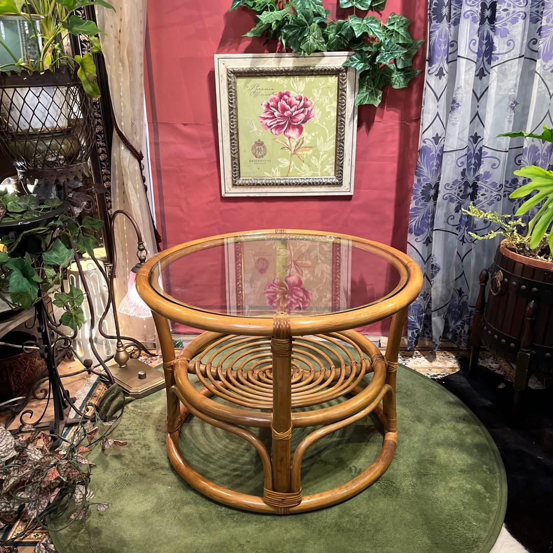 Sale ヴィンテージ ナチュラル　籐ラタンフレーム サイドテーブル 丸テーブル