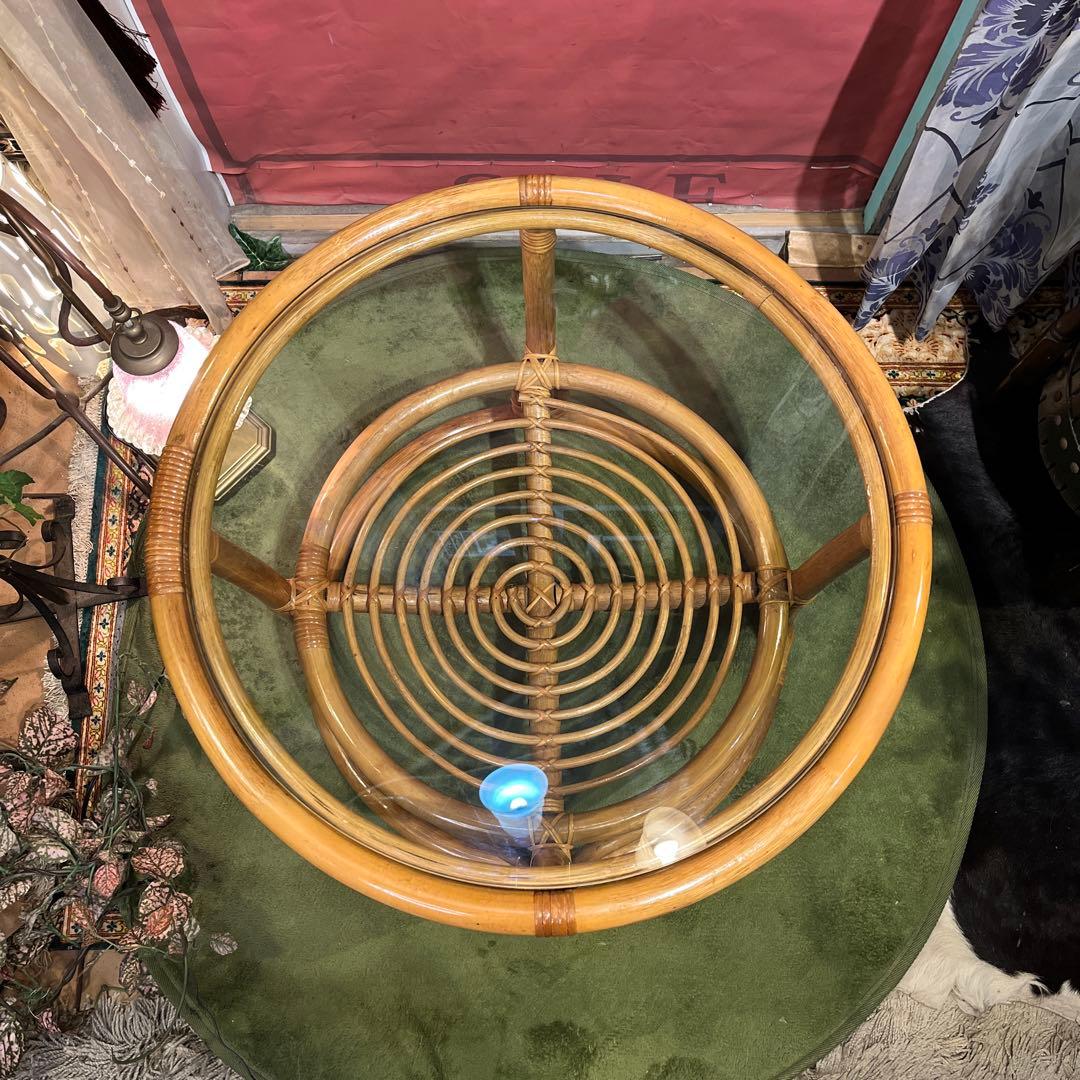 Sale ヴィンテージ ナチュラル　籐ラタンフレーム サイドテーブル 丸テーブル