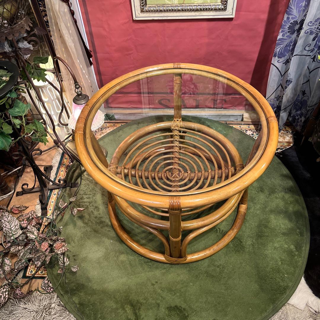Sale ヴィンテージ ナチュラル　籐ラタンフレーム サイドテーブル 丸テーブル