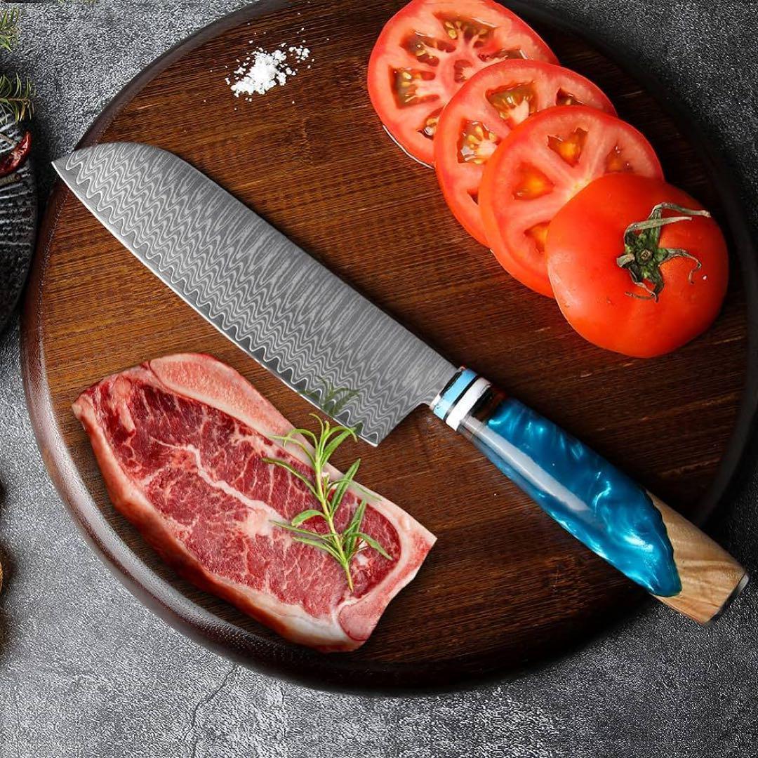 三徳包丁 ダマスカス包丁 刃渡り175mm, キッチン用 ブルー樹脂木製ハンドル
