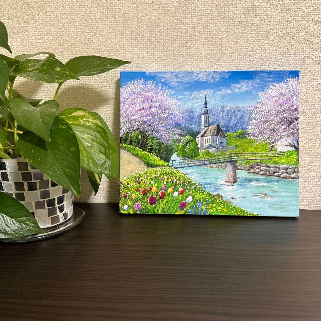 絵画 原画 風景画 肉筆 キャンバス F3 『教会と春 ヨーロッパ』 - メルカリ