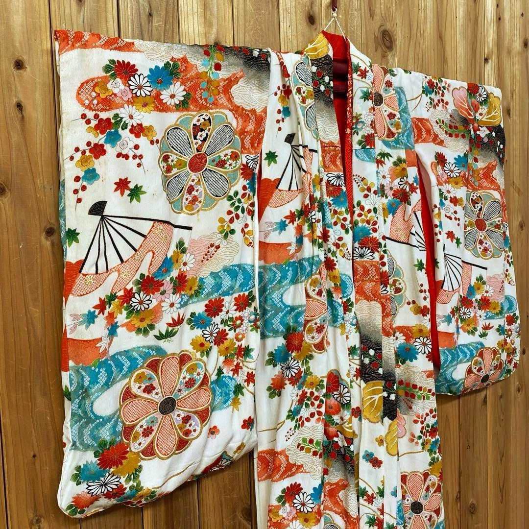 女の子 正絹 着物 七五三 七草 晴れ着 総柄 和柄 レトロ