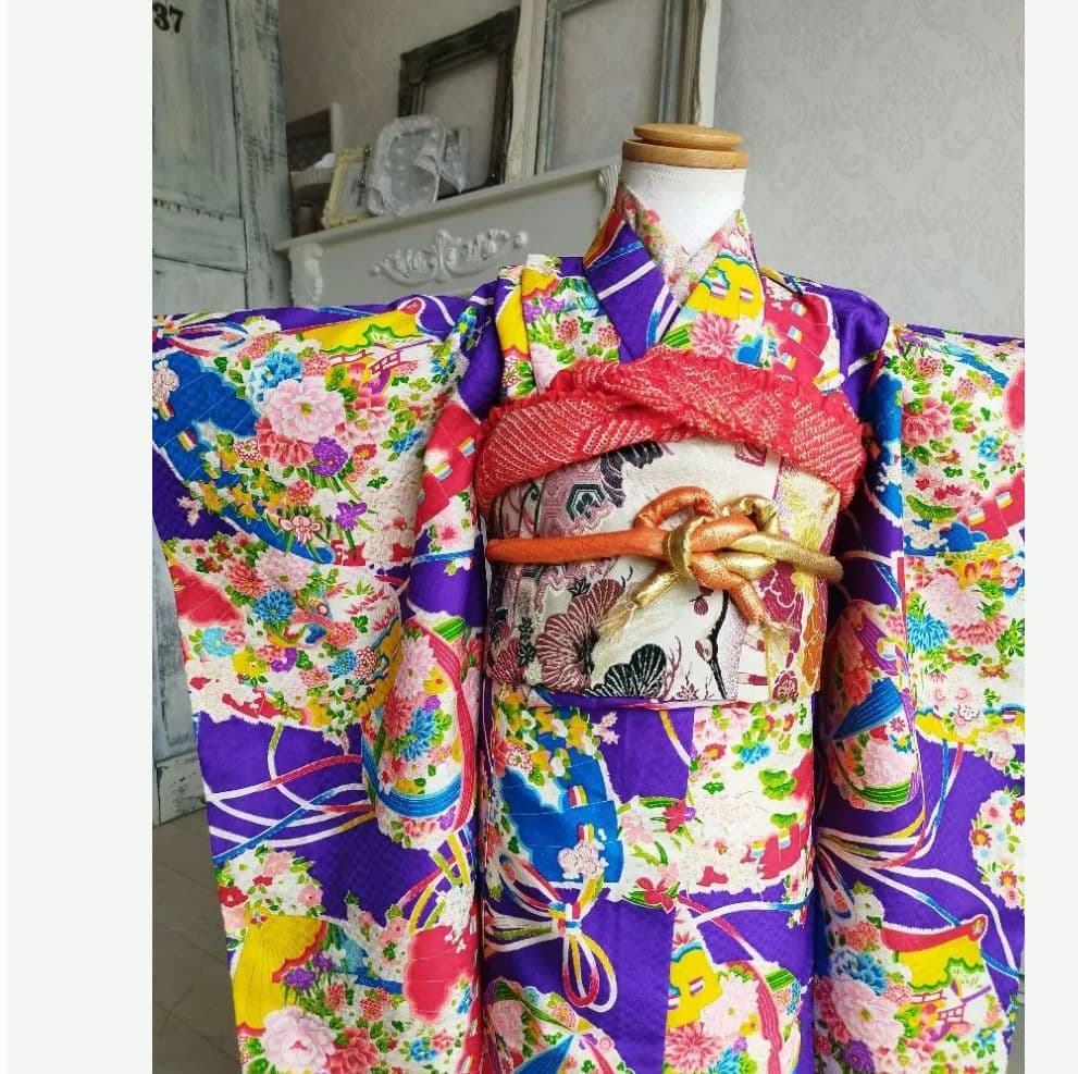 アンティーク紫に百花繚乱着物単品