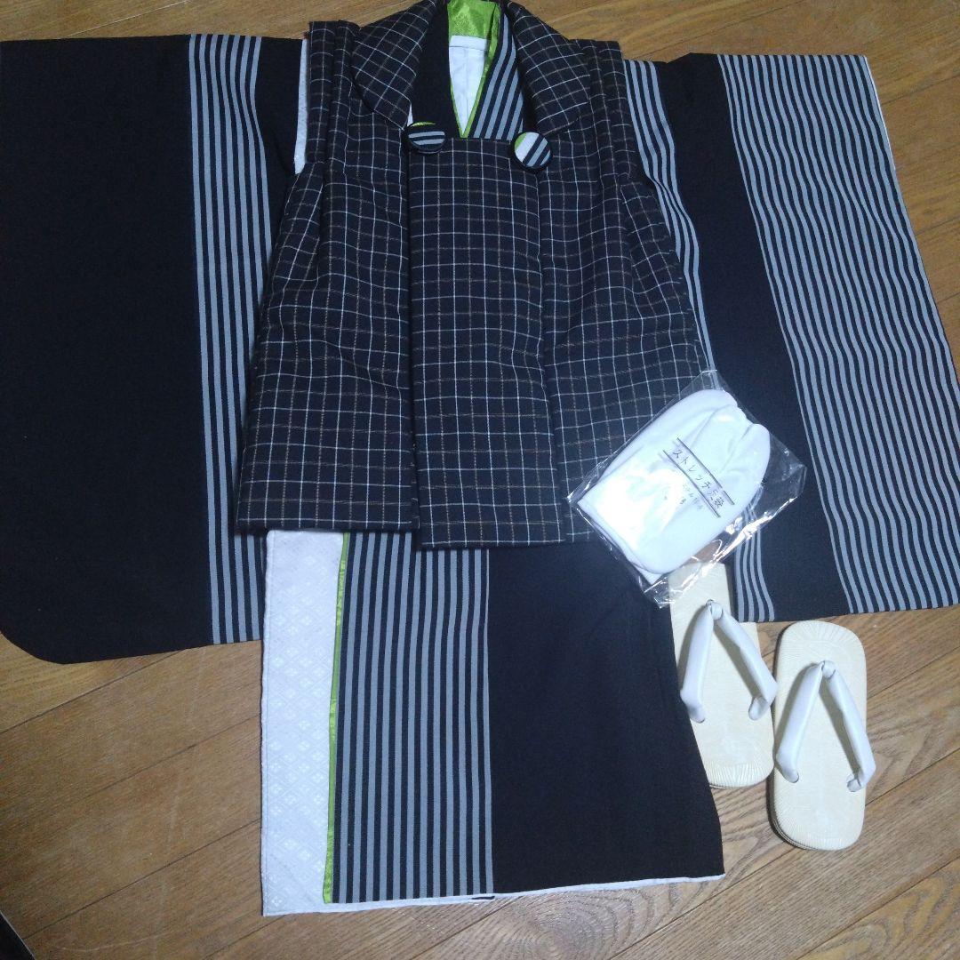 三歳★美品★モダン★チェック被布＆黒ストライプ着物＆雪駄18