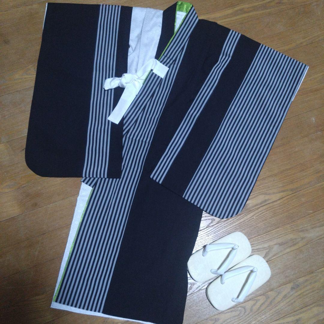 三歳★美品★モダン★チェック被布＆黒ストライプ着物＆雪駄18