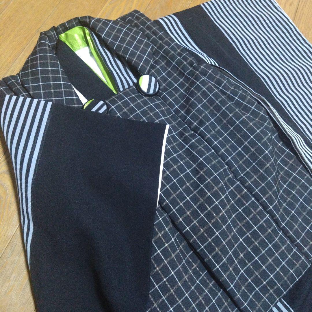 三歳★美品★モダン★チェック被布＆黒ストライプ着物＆雪駄18