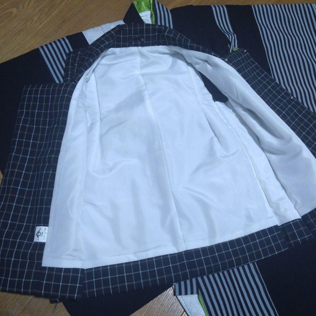 三歳★美品★モダン★チェック被布＆黒ストライプ着物＆雪駄18