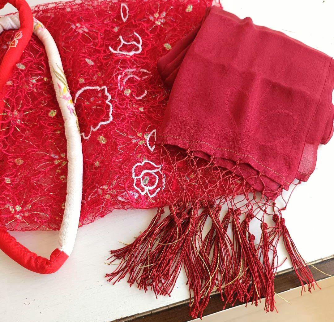 アンティーククリーム色着物と赤の作り帯☆七五三７歳セット