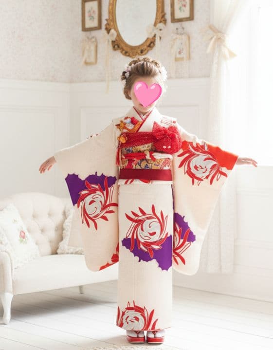 アンティーククリーム色着物と赤の作り帯☆七五三７歳セット