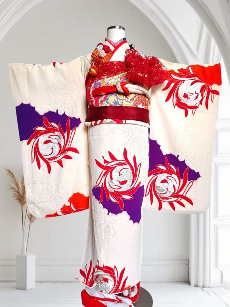 アンティーククリーム色着物と赤の作り帯☆七五三７歳セット