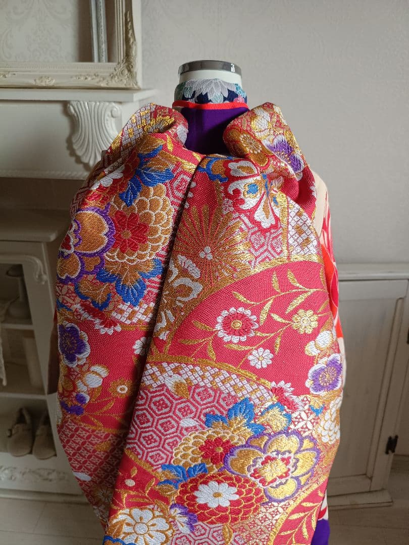 アンティーククリーム色着物と赤の作り帯☆七五三７歳セット