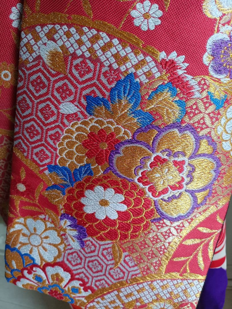 アンティーククリーム色着物と赤の作り帯☆七五三７歳セット