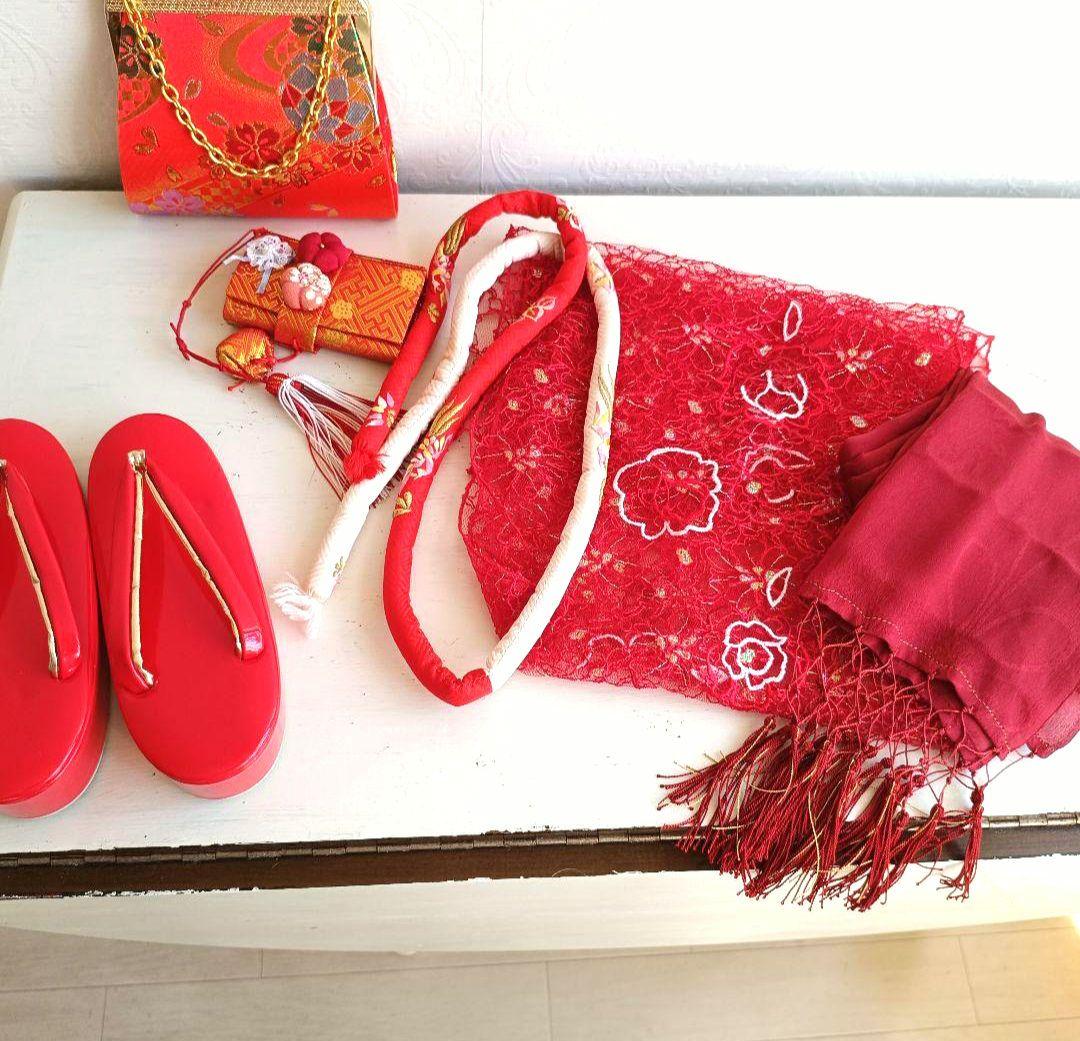 アンティーククリーム色着物と赤の作り帯☆七五三７歳セット