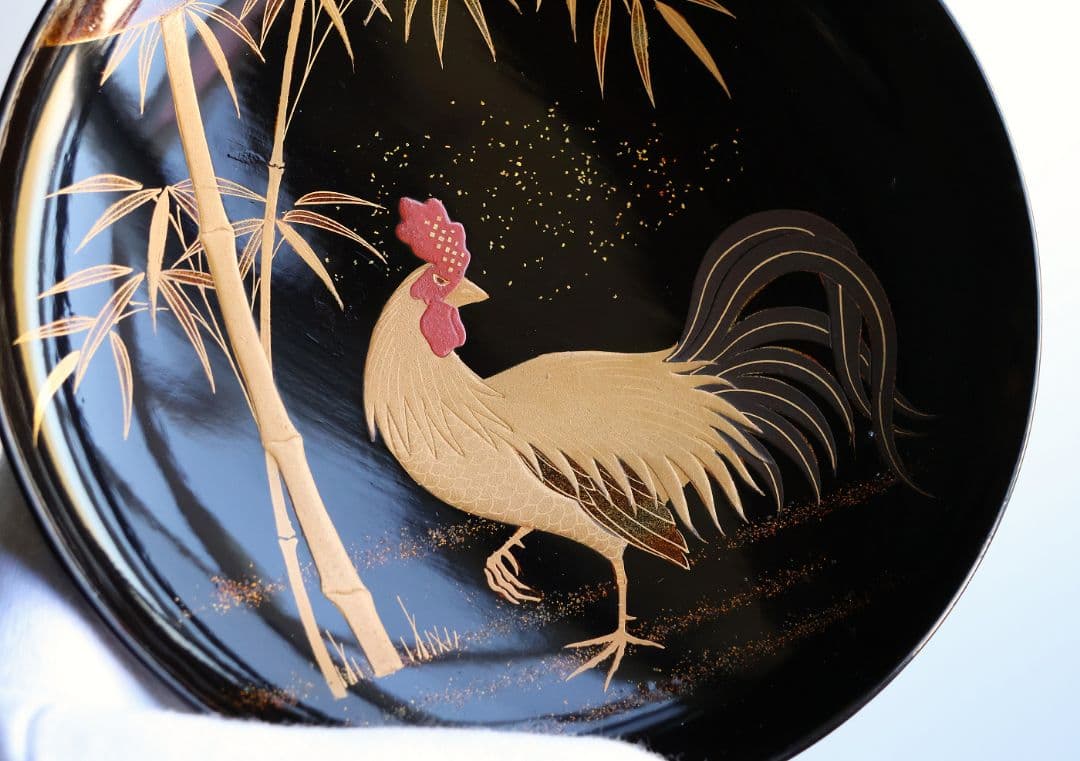 CM352】時代蒔絵椀 竹に鶏金蒔絵 平椀二客 木製 /(検) 輪島塗加賀能登