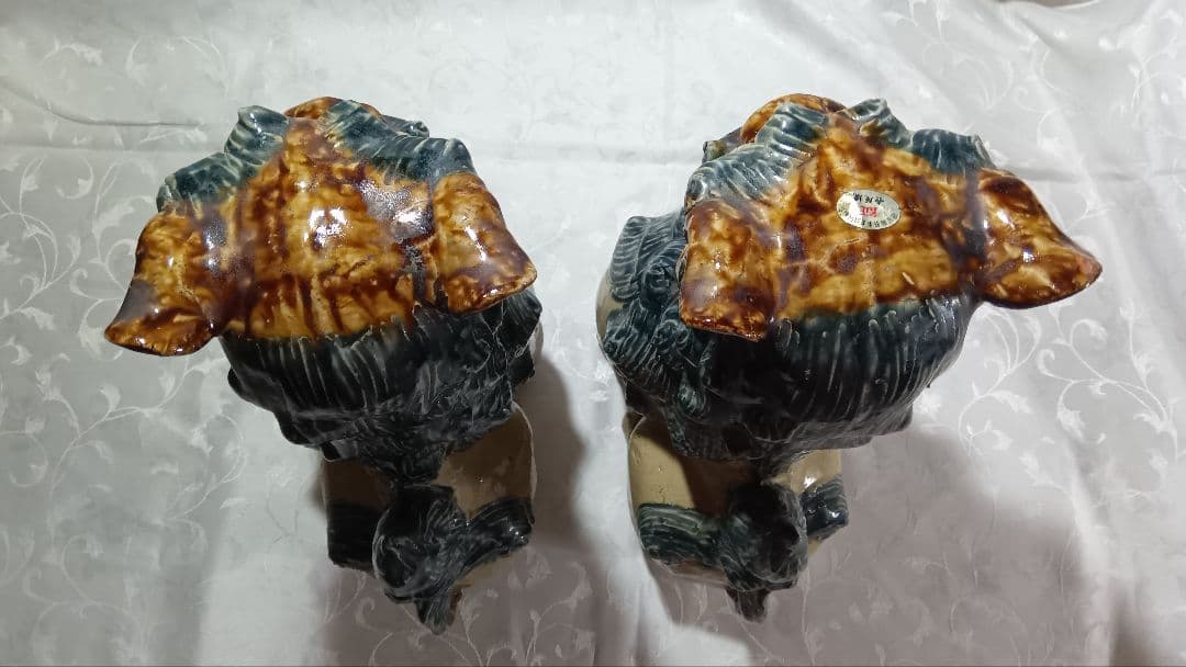 シーサー 38cm高 大型 陶器製 獅子の置物 青白