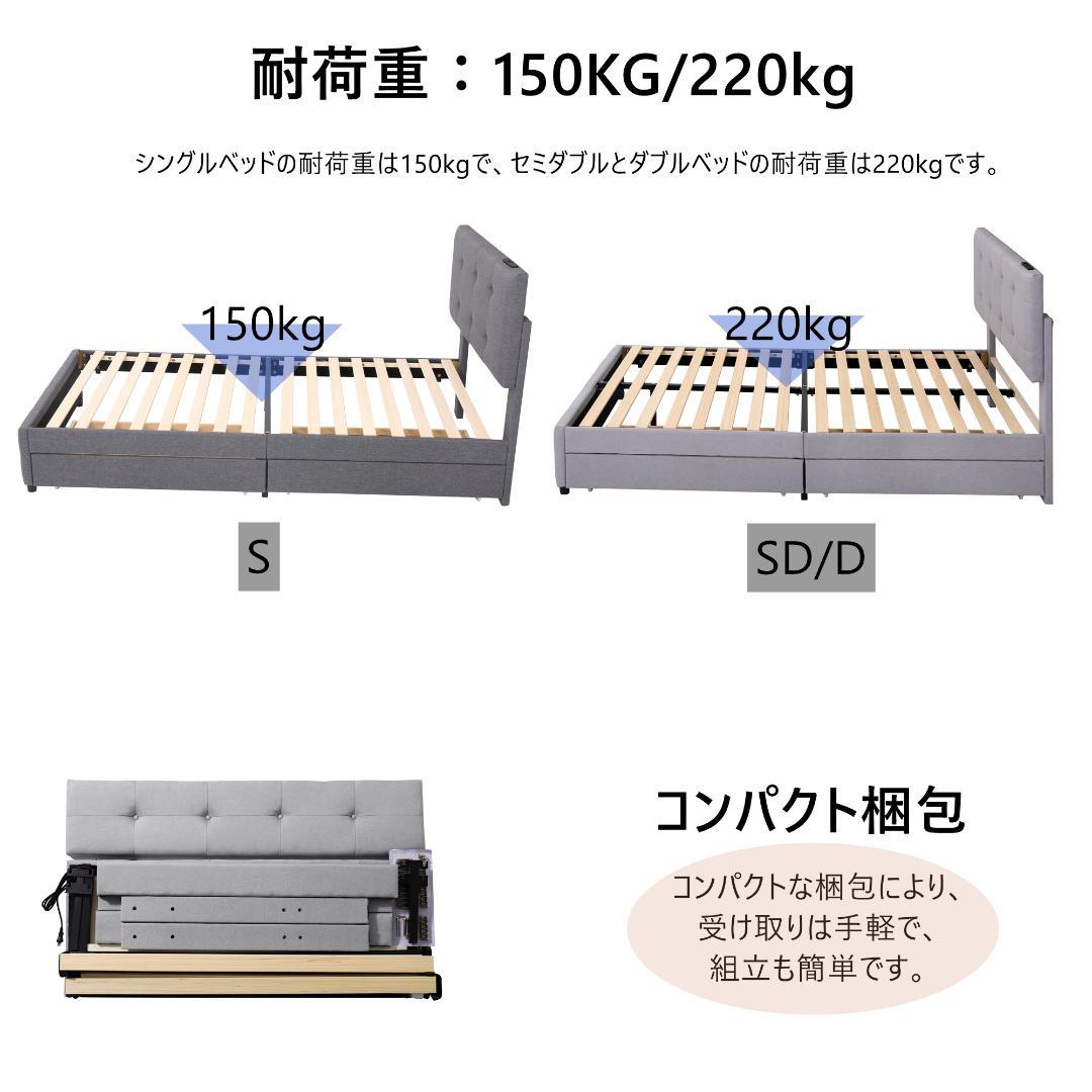 D ファブリックベッド ベッドフレームのみ ダブル 引き出し付き 布貼りベッド