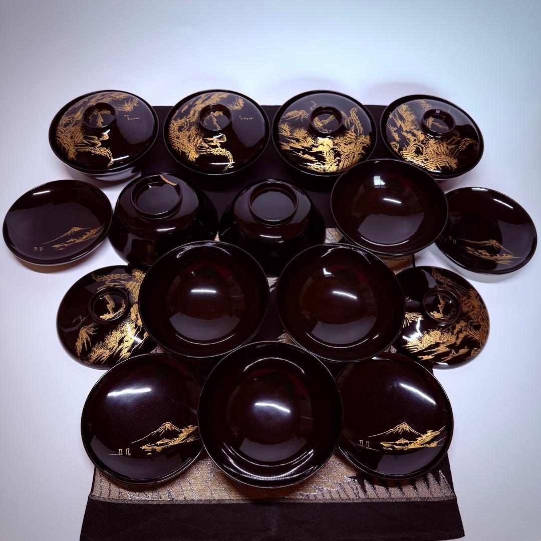 漆器　輪島塗　蒔絵金彩細工　松鶴絵　木製　蓋付椀　お煮物椀　吸物椀　10客　共箱