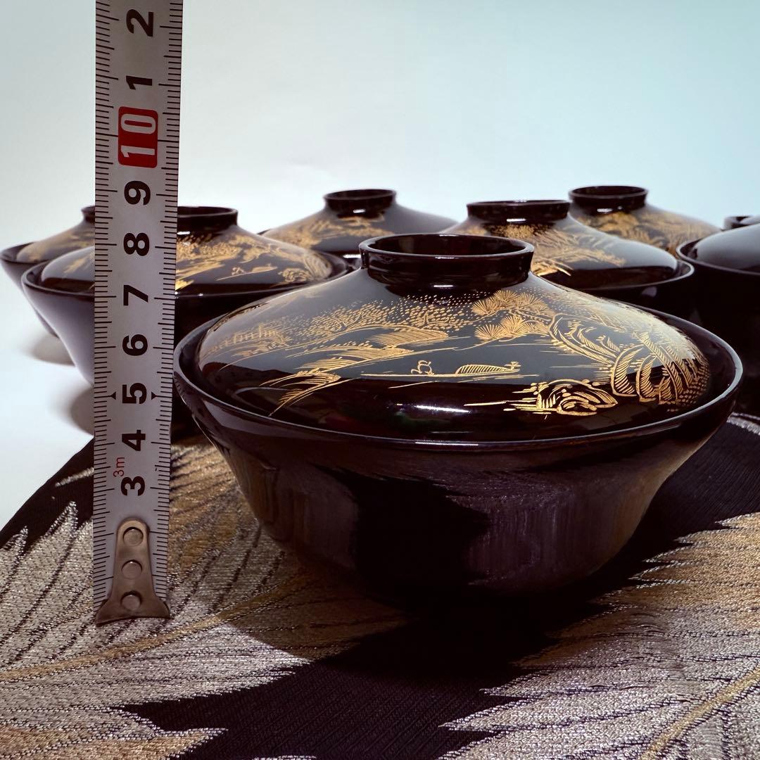 漆器　輪島塗　蒔絵金彩細工　松鶴絵　木製　蓋付椀　お煮物椀　吸物椀　10客　共箱