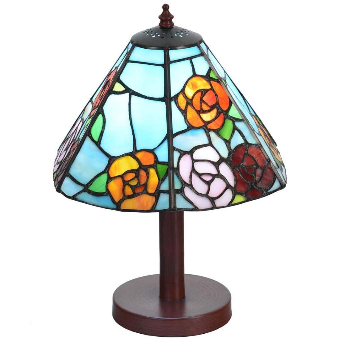 ステンドグラス バラが彩る 卓上照明 爽やかなブルー