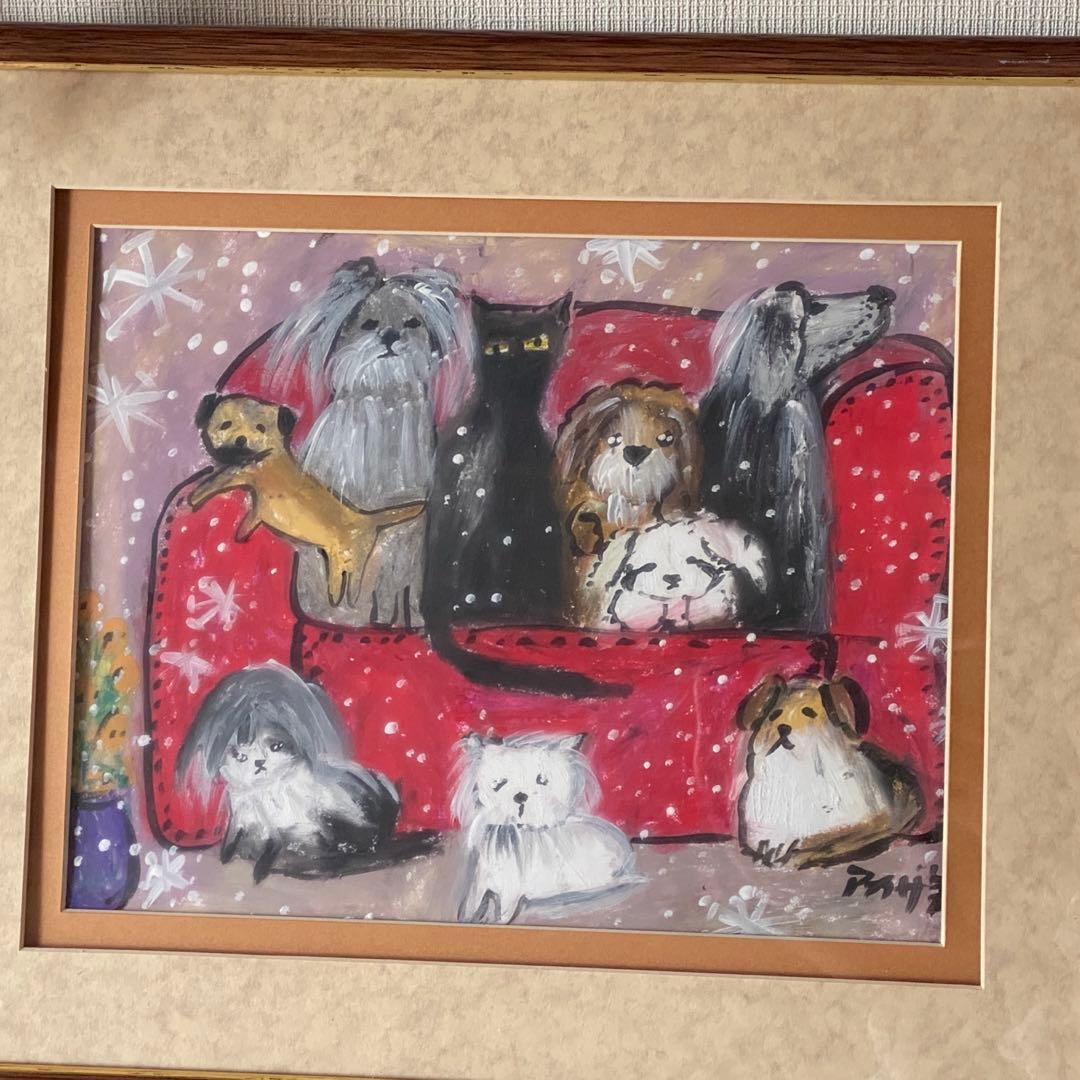 絵画。原画手描き【雪が降る冬、かわいい犬と猫の楽しい写真記念】