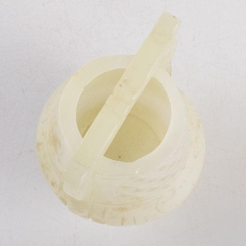 中国　玉石白玉彫刻　神獣刻　飾壷　置物　V　8868