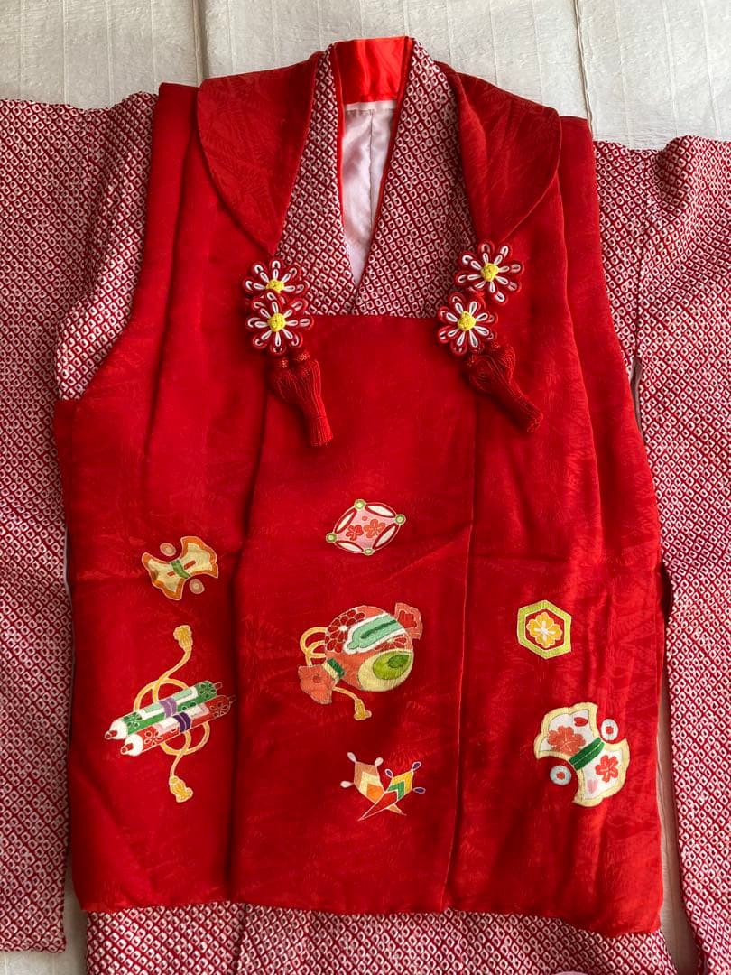 最高級　京都古川被布　おはりばこ髪飾り　総絞り着物　長襦袢　草履　足袋フルセット