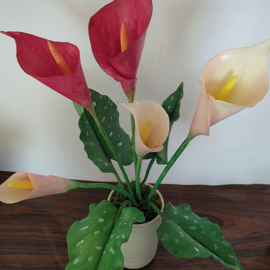 パンフラワー、黄色の花の寄植え・カラーの2点(樹脂粘土、ハンドメイド