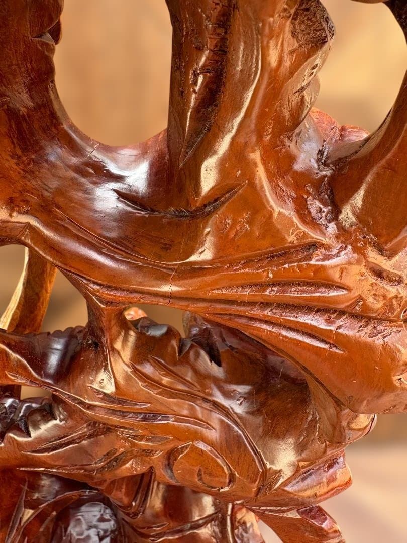 双竜 木彫り 一刀彫 置物 ドラゴン 龍 開運　中国　竜神　01d144