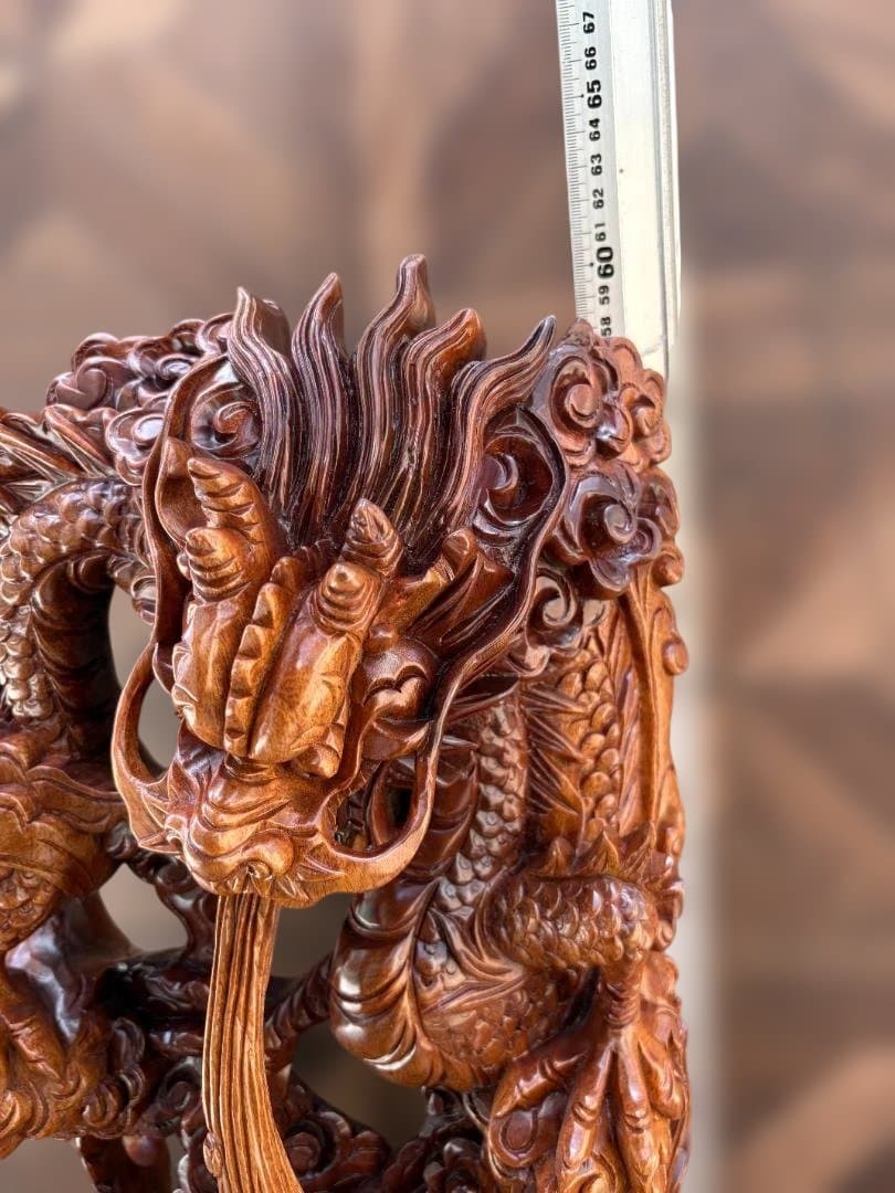 双竜 木彫り 一刀彫 置物 ドラゴン 龍 開運　中国　竜神　01d144