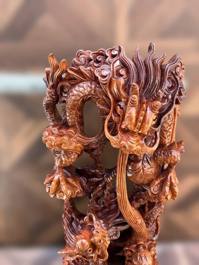 双竜 木彫り 一刀彫 置物 ドラゴン 龍 開運　中国　竜神　01d144