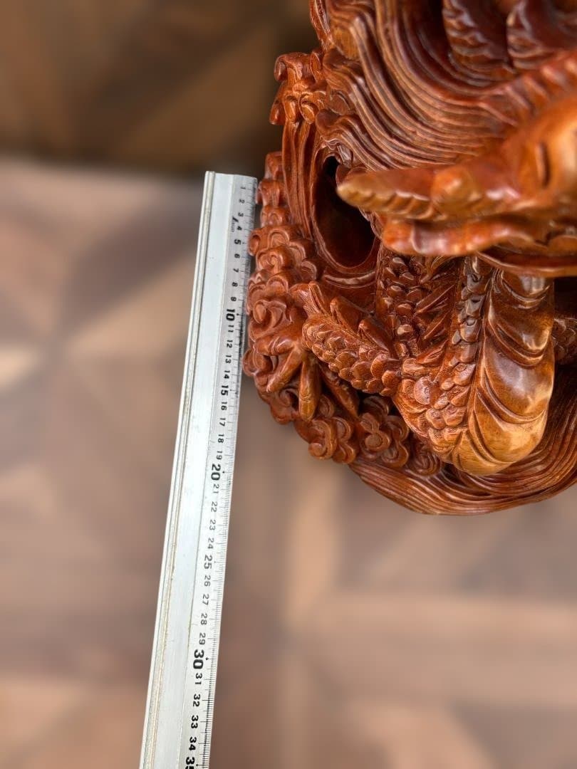 双竜 木彫り 一刀彫 置物 ドラゴン 龍 開運　中国　竜神　01d144