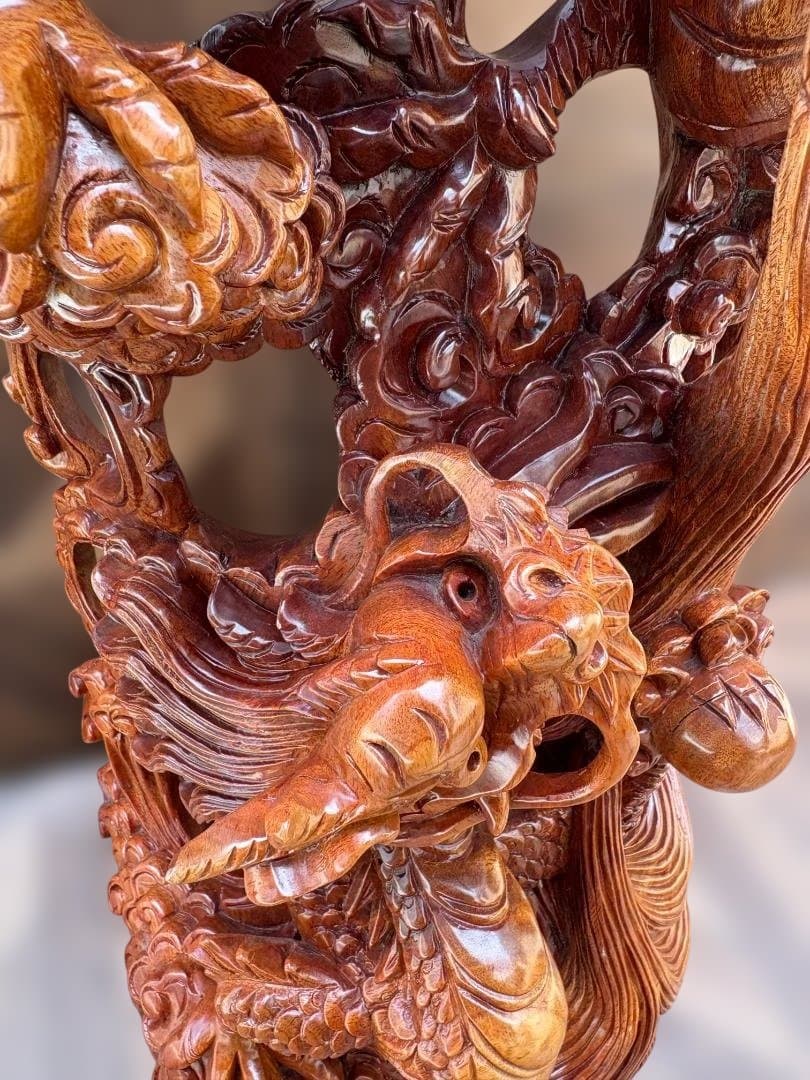 双竜 木彫り 一刀彫 置物 ドラゴン 龍 開運　中国　竜神　01d144