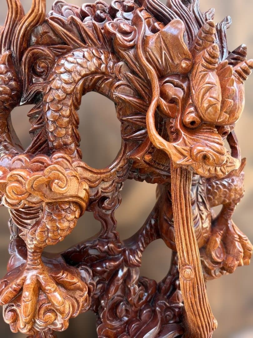 双竜 木彫り 一刀彫 置物 ドラゴン 龍 開運　中国　竜神　01d144