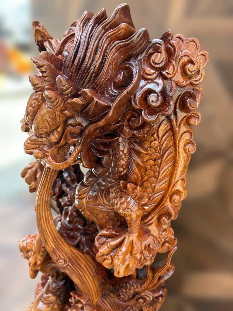 双竜 木彫り 一刀彫 置物 ドラゴン 龍 開運　中国　竜神　01d144