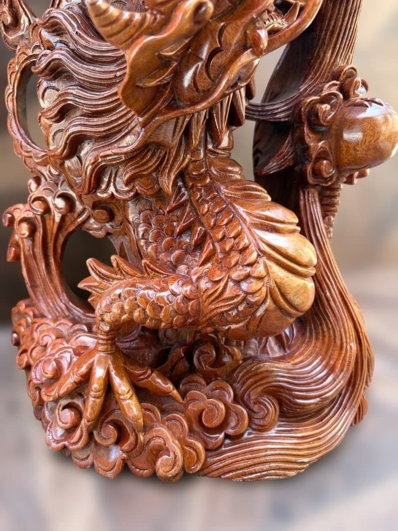 双竜 木彫り 一刀彫 置物 ドラゴン 龍 開運　中国　竜神　01d144