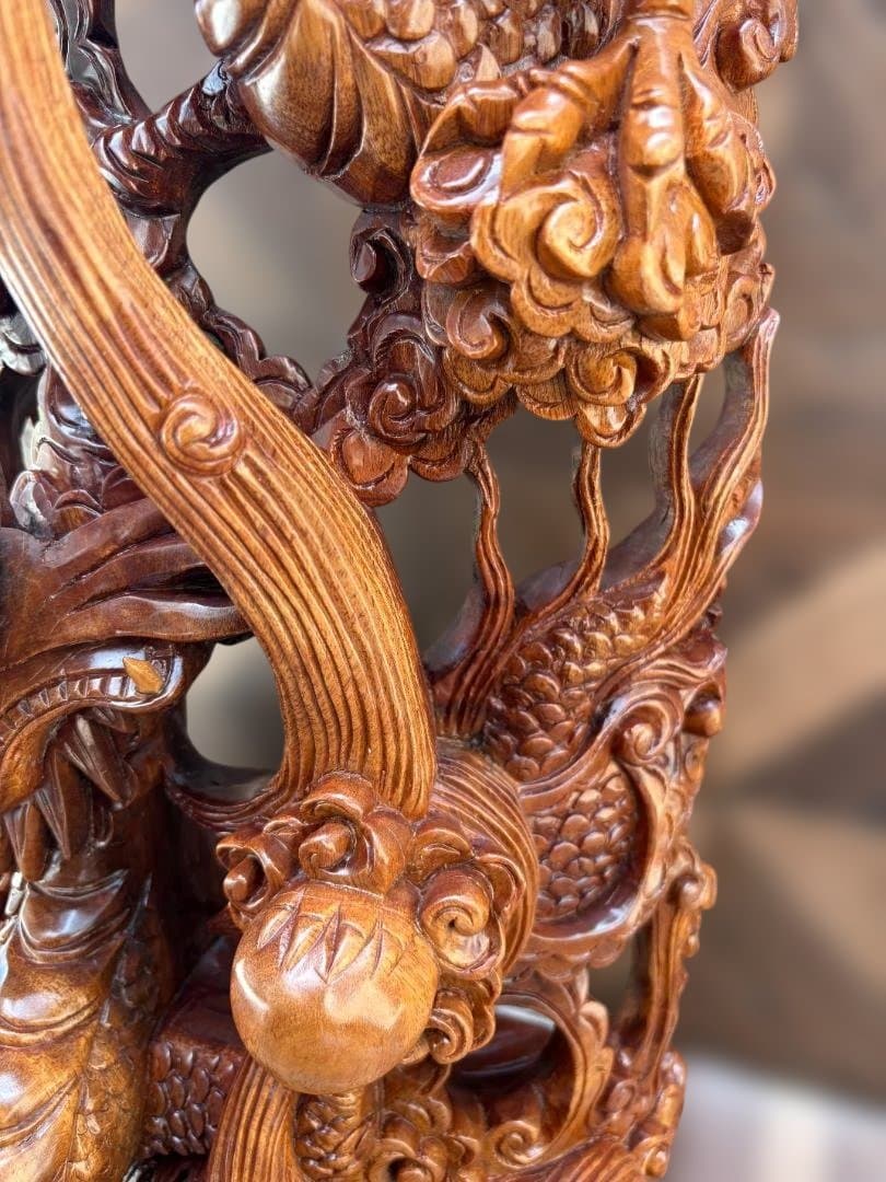 双竜 木彫り 一刀彫 置物 ドラゴン 龍 開運　中国　竜神　01d144