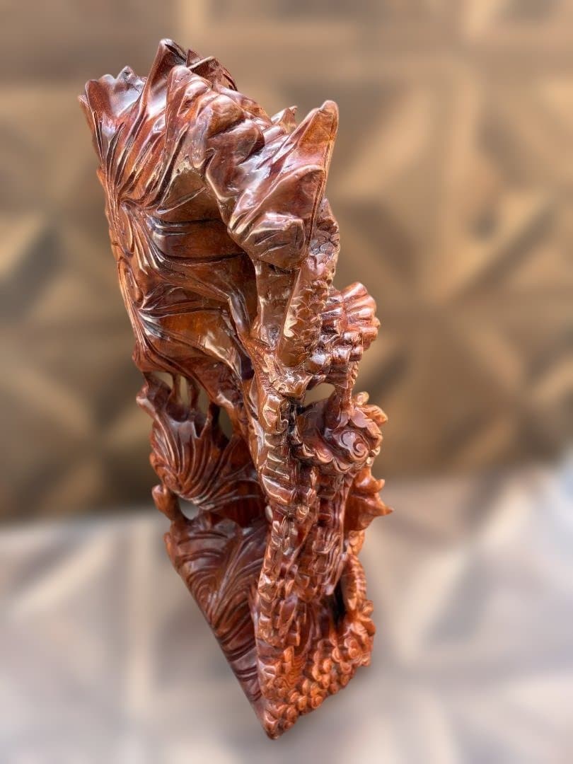 双竜 木彫り 一刀彫 置物 ドラゴン 龍 開運　中国　竜神　01d144