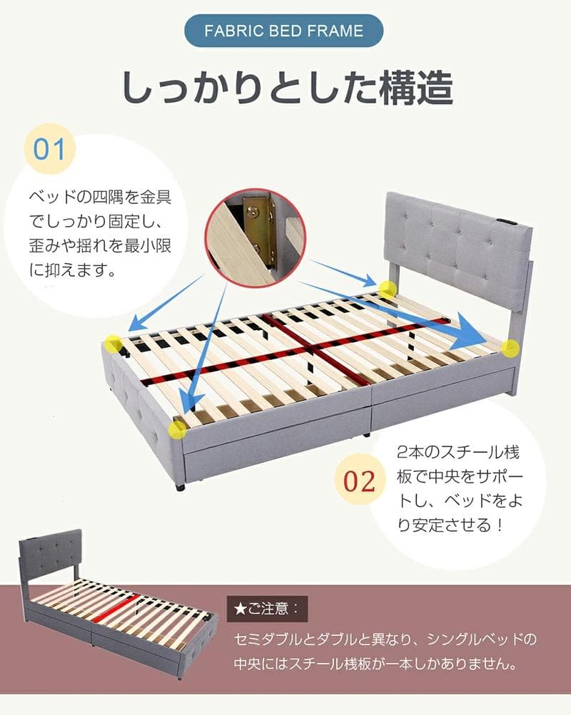 ファブリックベッド【シングル】　引き出し付き　布貼り　DARK　GREY