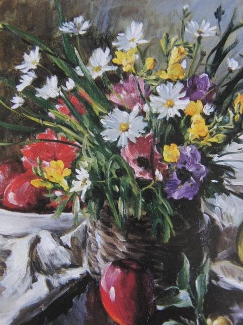 森文男、【籠の花のある静物】、希少な大判額装用画集より、美品