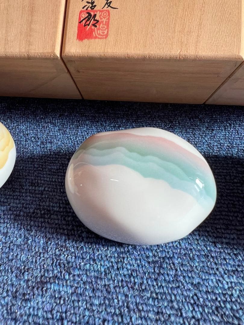 1483  冠音窯 松本幹治郎 創作白磁　雲層文  趣石　3客　未使用