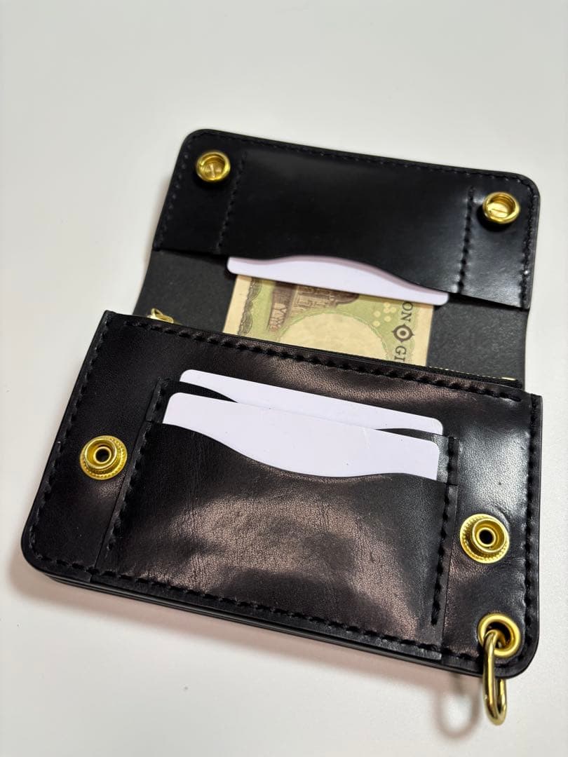 黒 栃木サドル トラッカーウォレット 三層 真鍮 クロスボールコンチョ