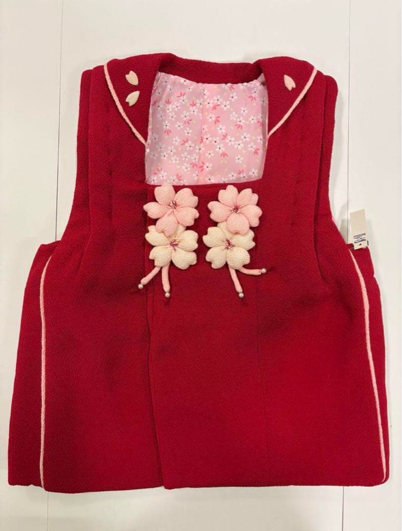 七五三　3歳女の子　着物セット　赤ちりめん　正絹被布　黒に八重桜　新品