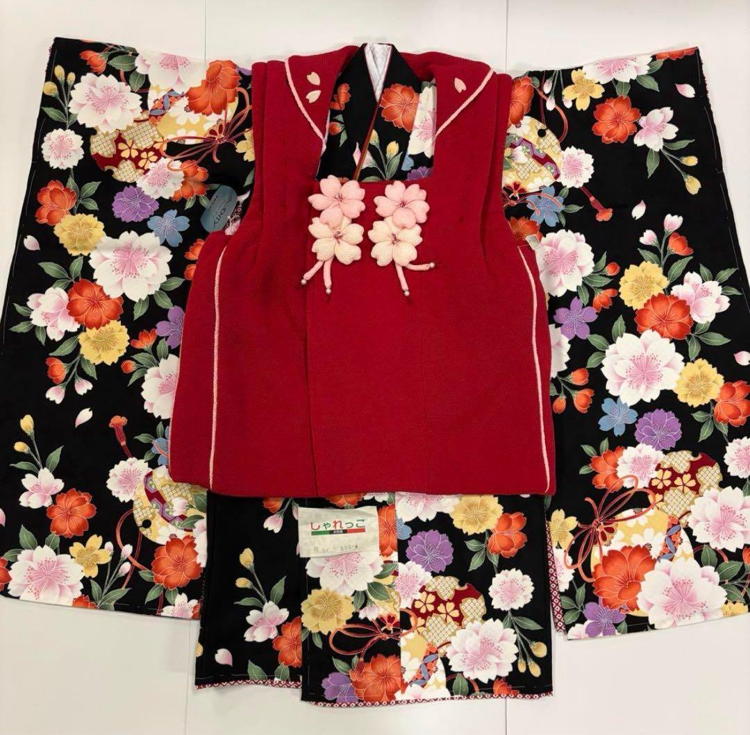七五三　3歳女の子　着物セット　赤ちりめん　正絹被布　黒に八重桜　新品