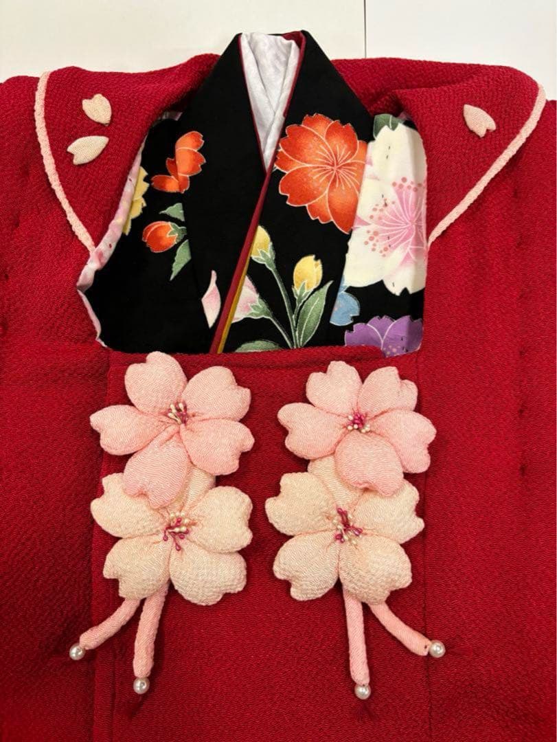 七五三　3歳女の子　着物セット　赤ちりめん　正絹被布　黒に八重桜　新品