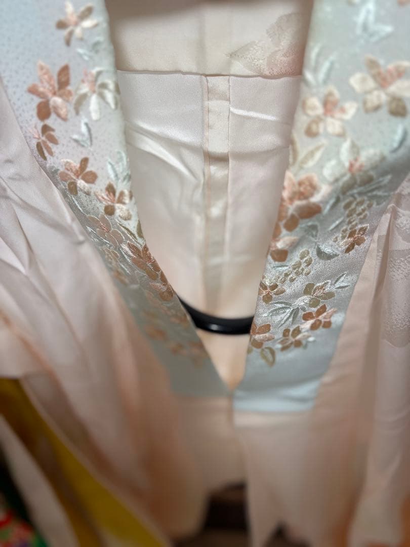 七五三　7才お嬢様　振袖　長襦袢　高級　正絹　金箔細工　優しいピンクグリーン